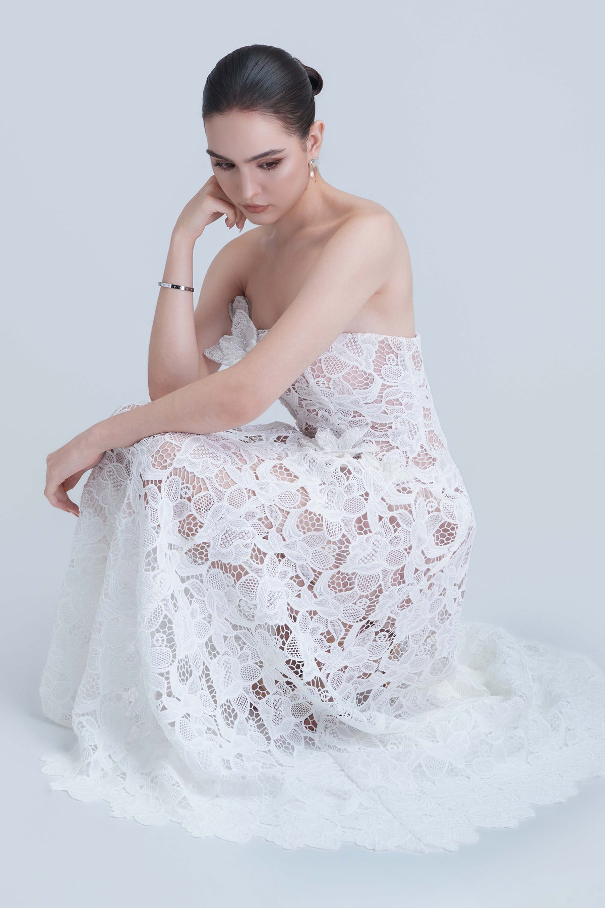 Assia Lace Embellished Floral Bandeau Neckline Maxi Dress
