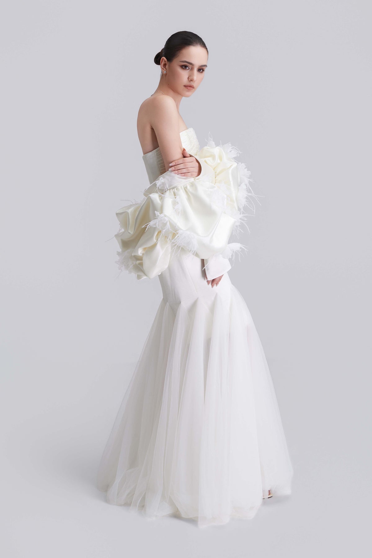 Madre Fishtail Maxi Dress With Floral Embellished Cape