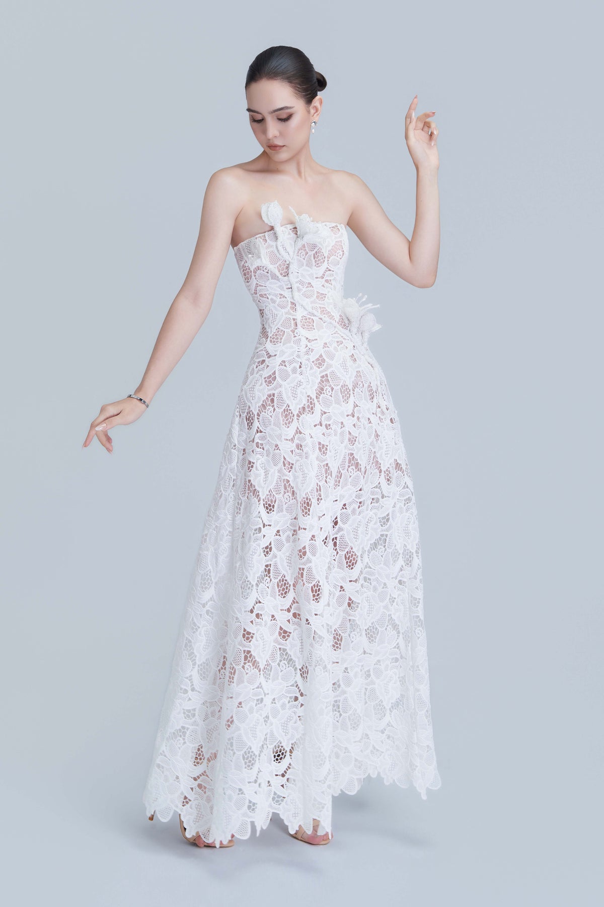 Assia Lace Embellished Floral Bandeau Neckline Maxi Dress
