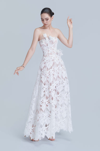 Assia Lace Embellished Floral Bandeau Neckline Maxi Dress