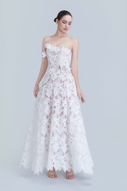 Assia Lace Embellished Floral Bandeau Neckline Maxi Dress