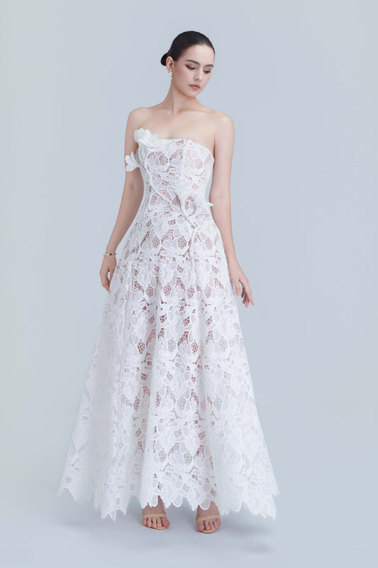 Assia Lace Embellished Floral Bandeau Neckline Maxi Dress