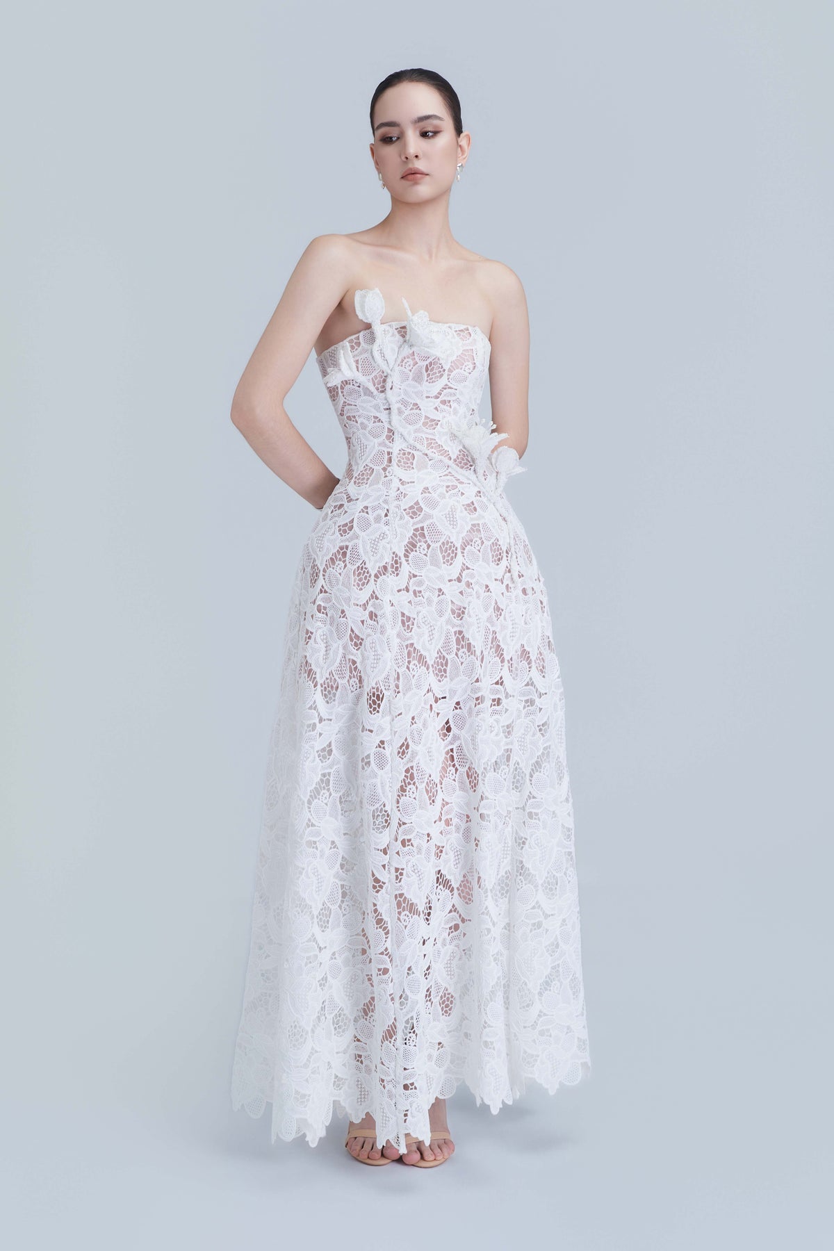 Assia Lace Embellished Floral Bandeau Neckline Maxi Dress