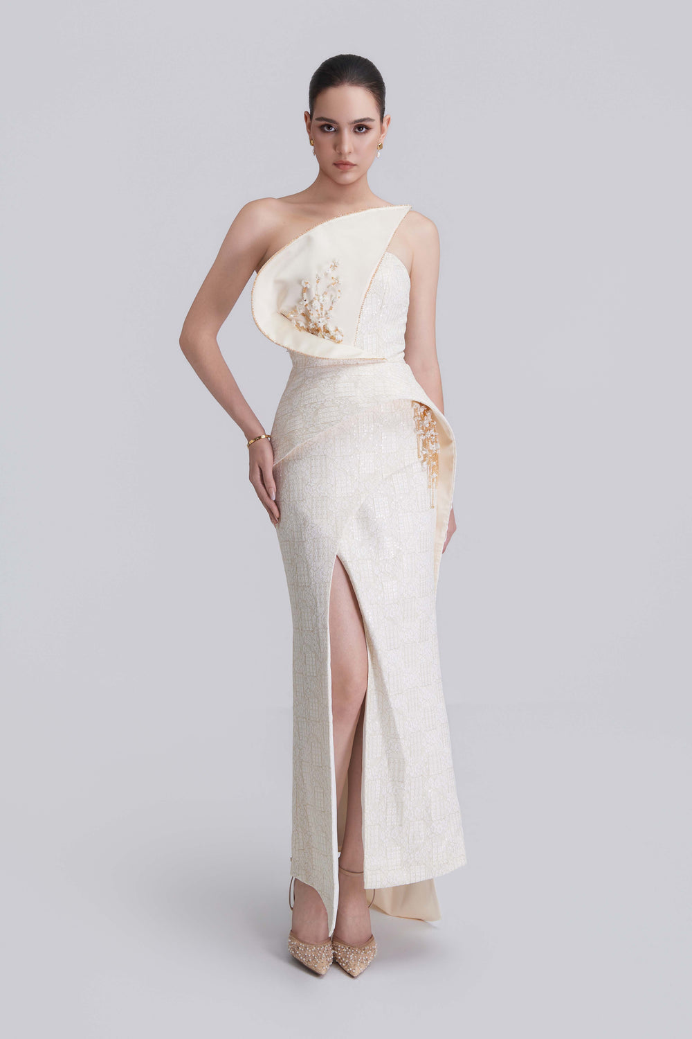 Tabitha Asymmetric Panel Embroidered Lace Maxi Dress