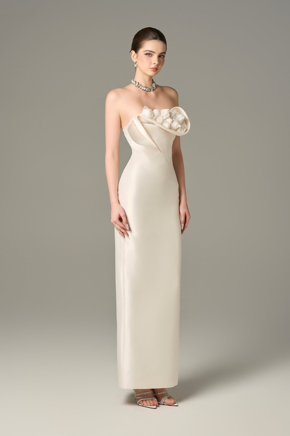 Seraphine Taffeta Bandeau Floral Embellished Maxi Dress