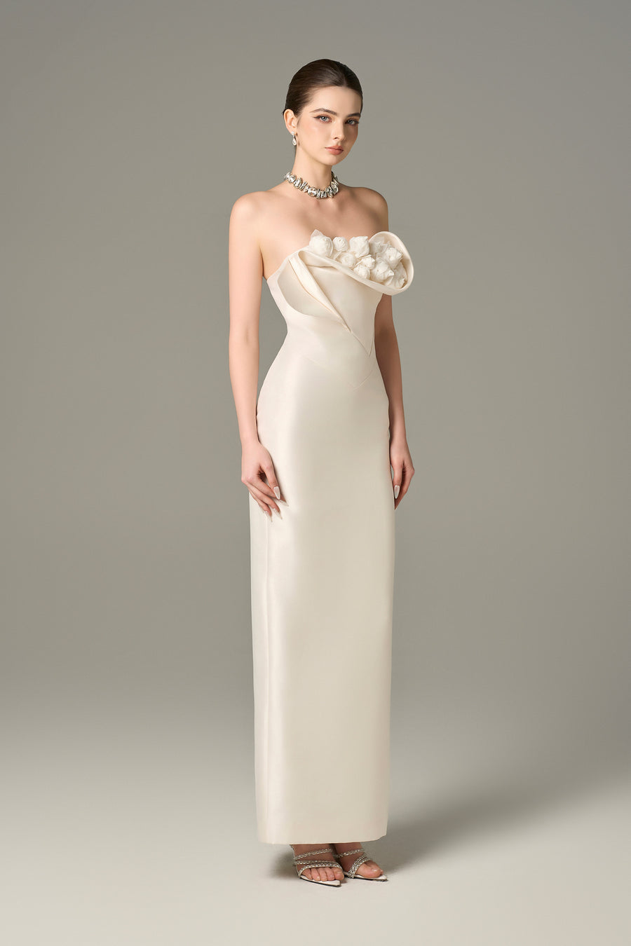 Seraphine Taffeta Bandeau Floral Embellished Maxi Dress