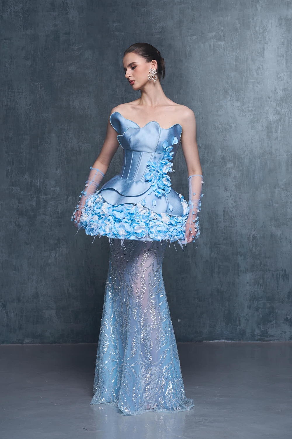 Chateau Strapless Mesh and Floral Accents Gown