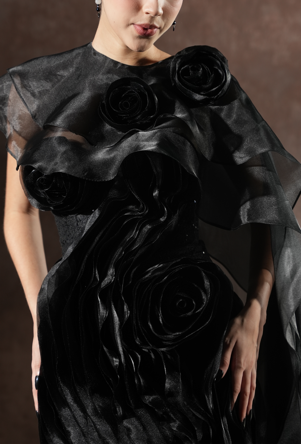 Ember Couture Dual Style Bandeau Layered 3D Roses Maxi Dress With Veil