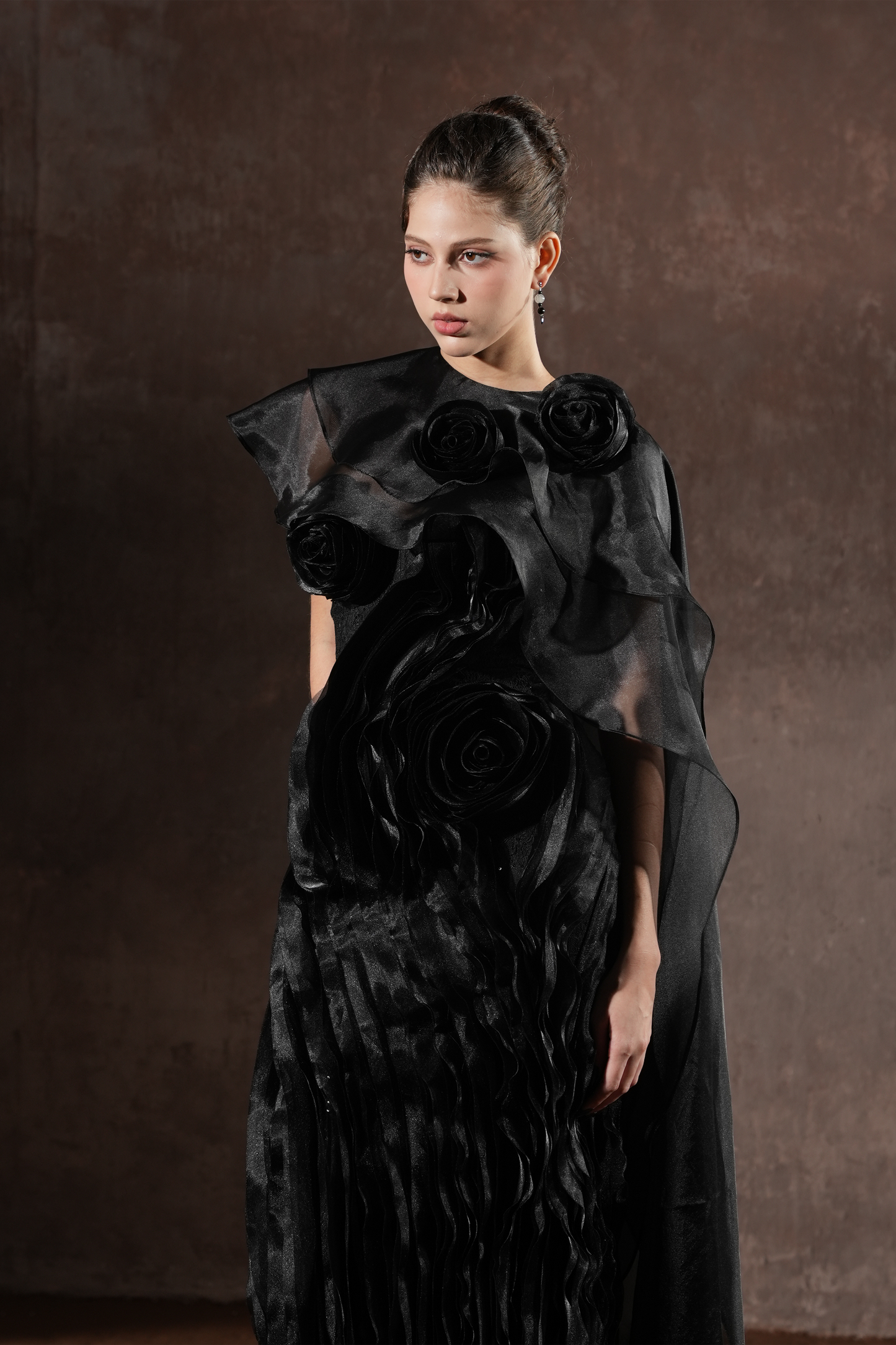 Ember Couture Dual Style Bandeau Layered 3D Roses Maxi Dress With Veil