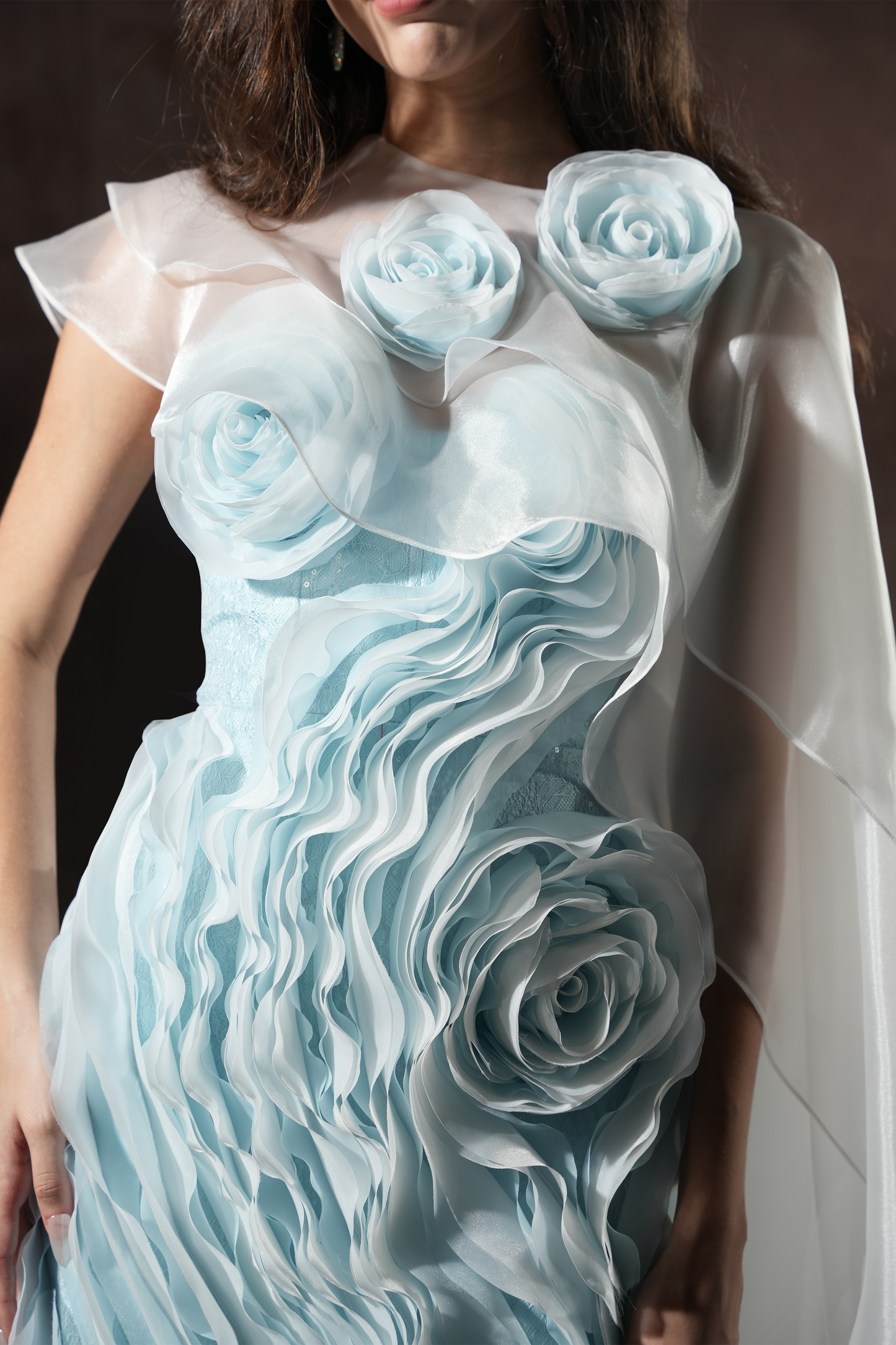 Ember Couture Dual Style Bandeau Layered 3D Roses Maxi Dress With Veil