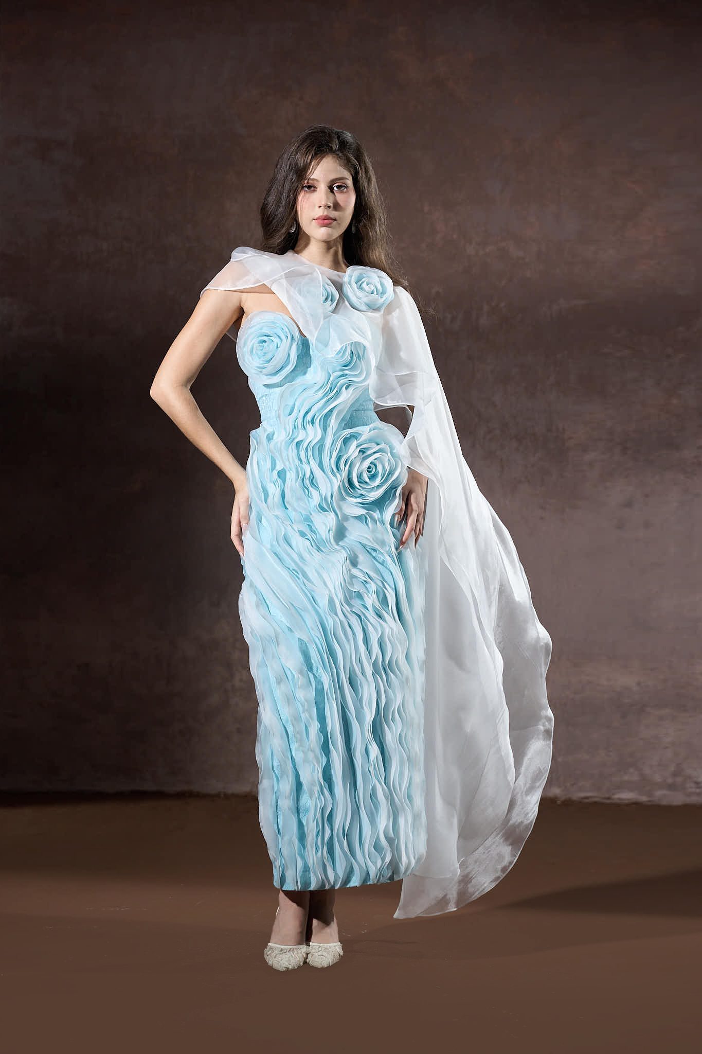 Ember Couture Dual Style Bandeau Layered 3D Roses Maxi Dress With Veil