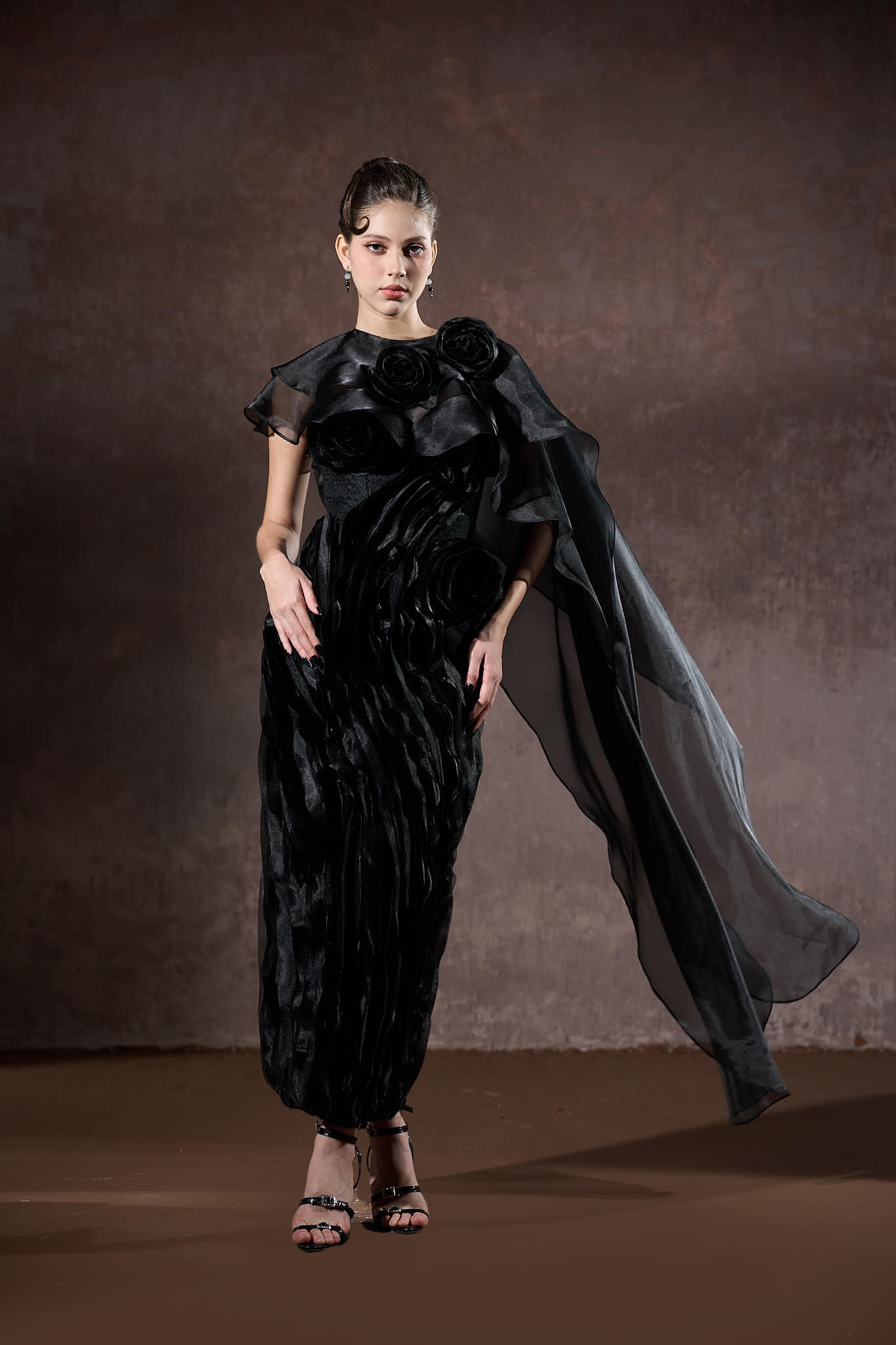 Ember Couture Dual Style Bandeau Layered 3D Roses Maxi Dress With Veil