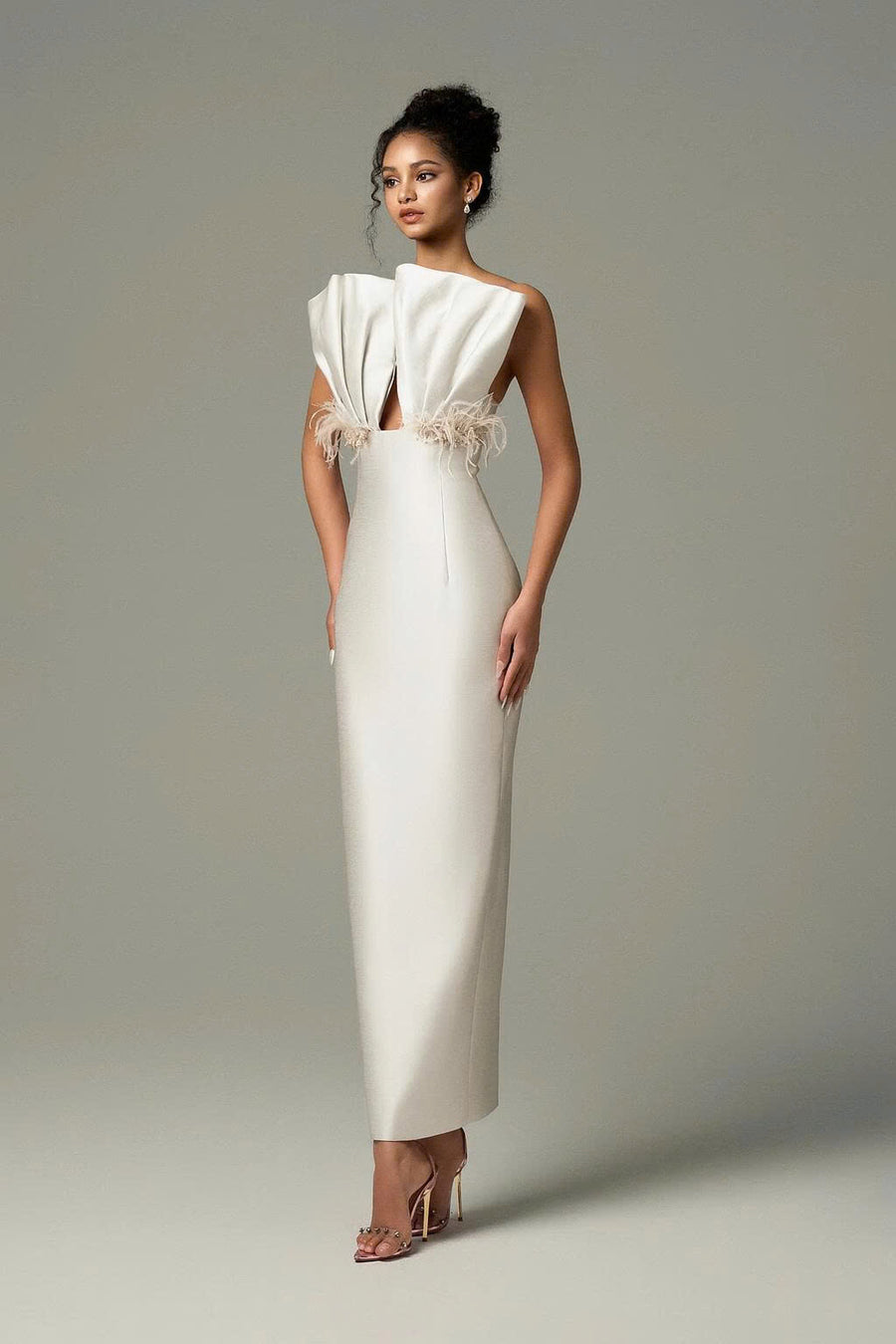 Seeshell Plume Feather & Crystal Embellished Maxi Dress With Draped Bust Cup