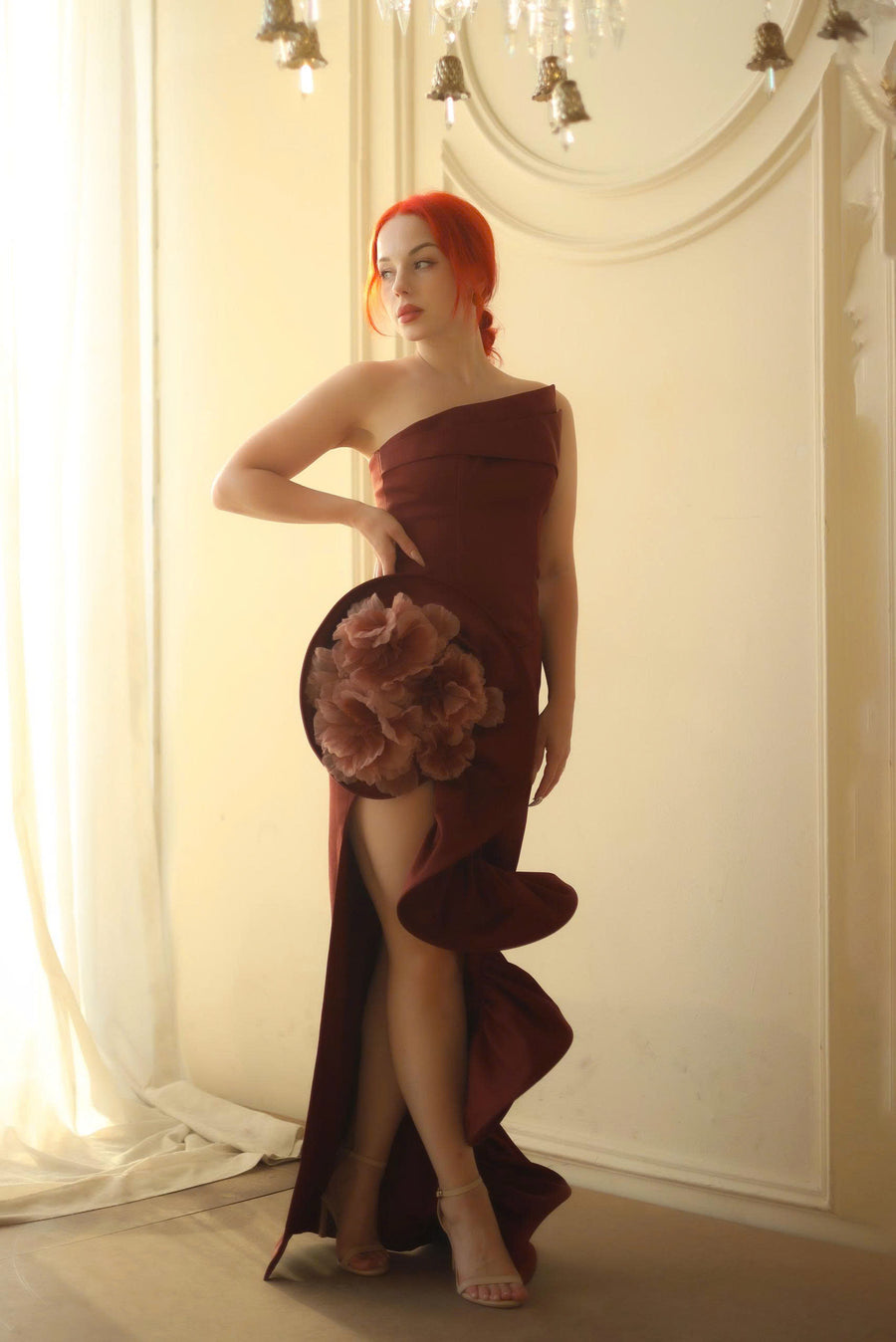 Floriana Bandeau 3D Floral Maxi Dress With Cascading Ruffles