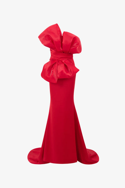 Red Silk Fishtail Gown with Oversized Organza Bow