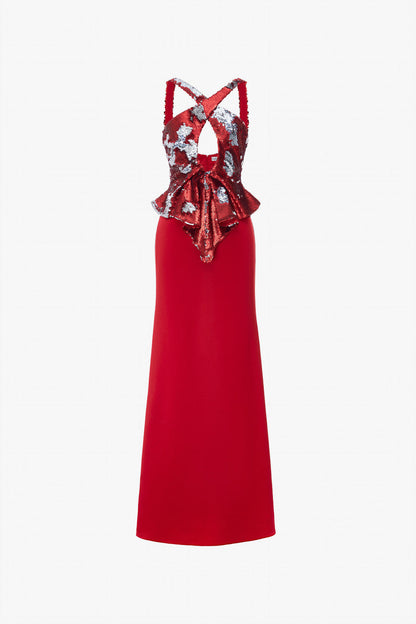 Reversible Red & Silver Halter Neck Sequin Silk Gown