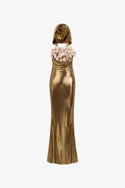 Golden Hooded Metallic Floral Appliqué Gown