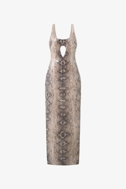 Snake Print Sequin Cutout Bodycon Dress