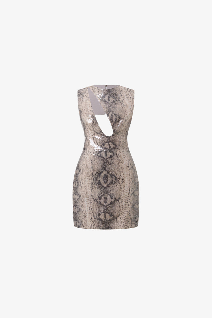 Snake Print Sequin Cutout Mini Dress