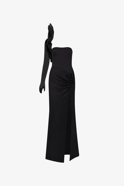 Satin Maxi Dress With Long Sleeve Ruffle