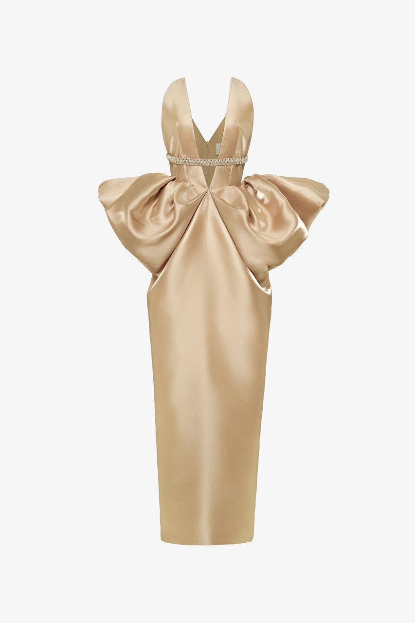 Gold Deep Neckline Exaggerated Hip Gown