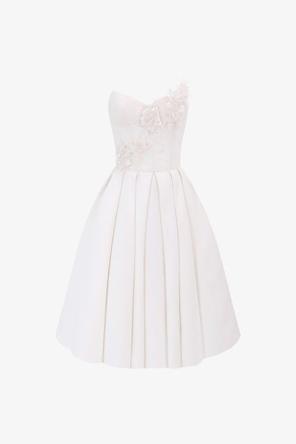 White Corset-Bodice Midi Dress with Feather and Beaded Appliqué