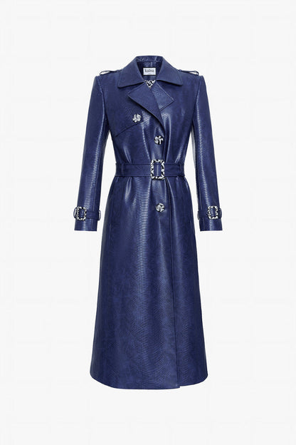 Navy Crocodile Pattern Leather Coat