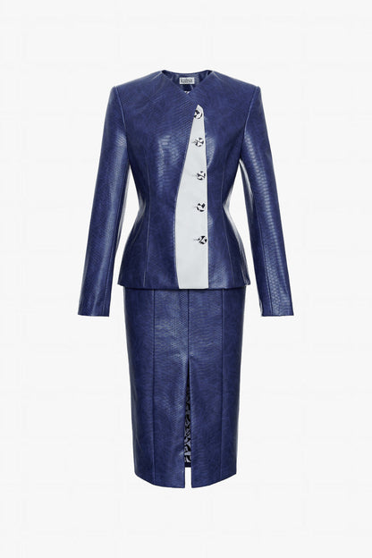 Navy Leather Jacket And Pencil Skirt Set