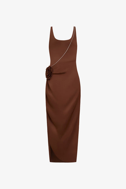 Brown Rose Embellished Side Split Maxi Dress