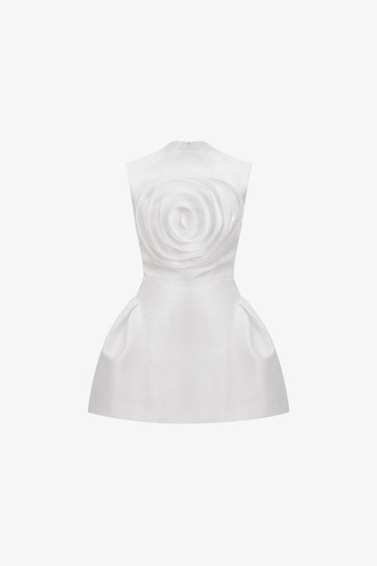 White Floral Accent & Flared Hips Fit and Flare Organza Mini Dress