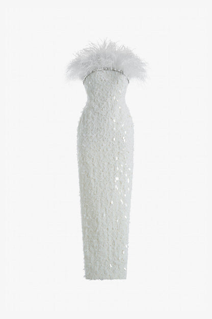 Feather & Crystal Embellished Wool Gown