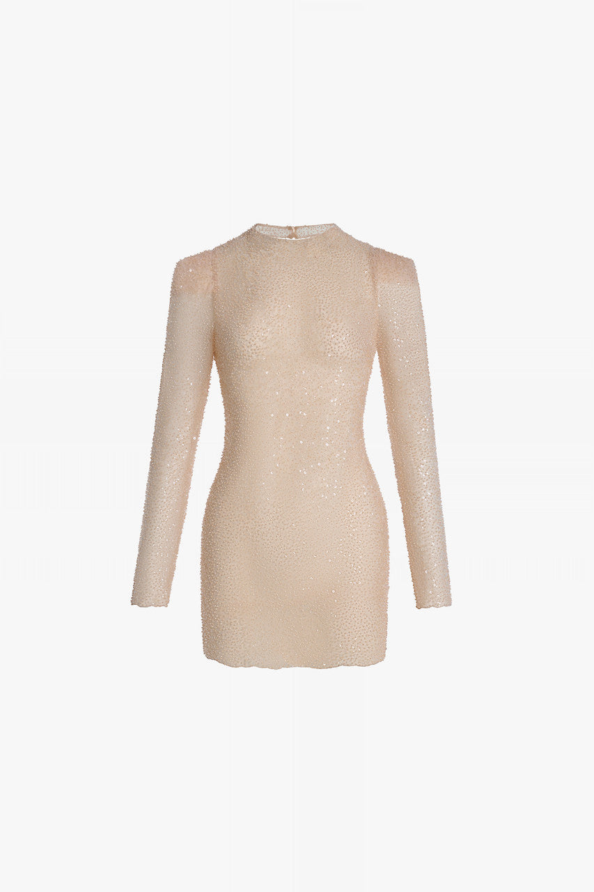 Nude Elegance Beaded Lace Mini Dress