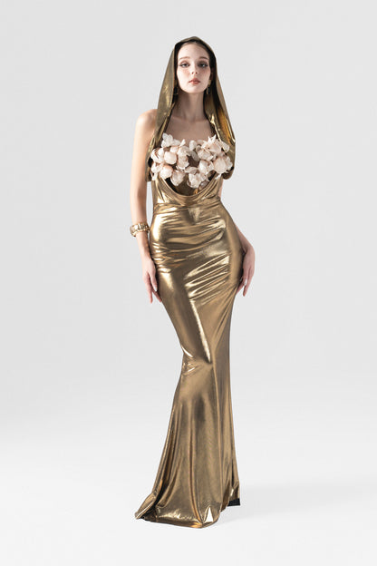 Golden Hooded Metallic Floral Appliqué Gown