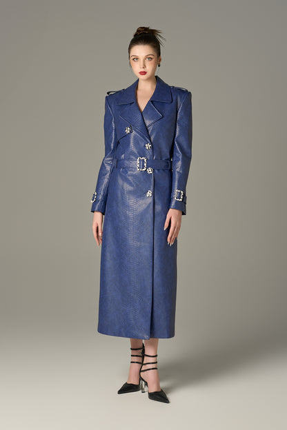 Navy Crocodile Pattern Leather Coat