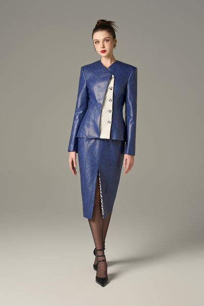 Navy Leather Jacket And Pencil Skirt Set