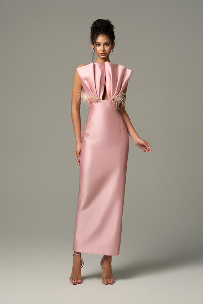 Pink Feather & Crystal Embellished Maxi Dress With Draped Bust Cup