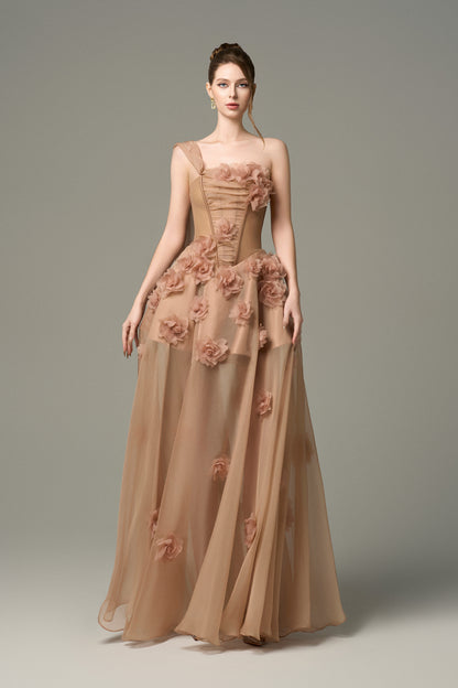 3D Floral Embellished One Shoulder Cape Silk Brown Gown