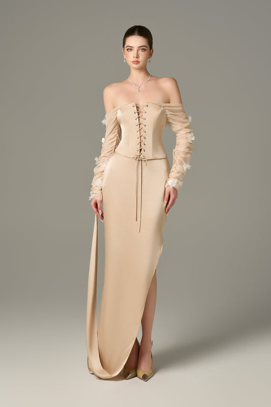 Cream Silk Chiffon Corset Top & Maxi Set