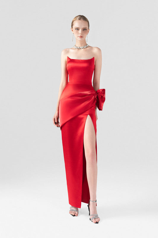 Red Bow Accent Silk Body-Hugging Maxi Dress - KALISA