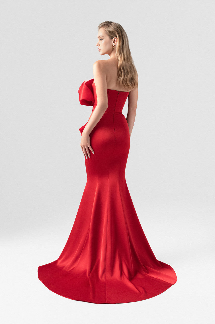 Red Silk Fishtail Gown with Oversized Organza Bow