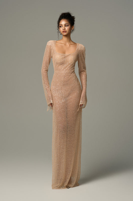 Nude Beaded Mesh Body Hugging Maxi Dress With Slit Sleeves