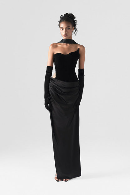 Corset Silk Velvet Gown With Scarf & Gloves