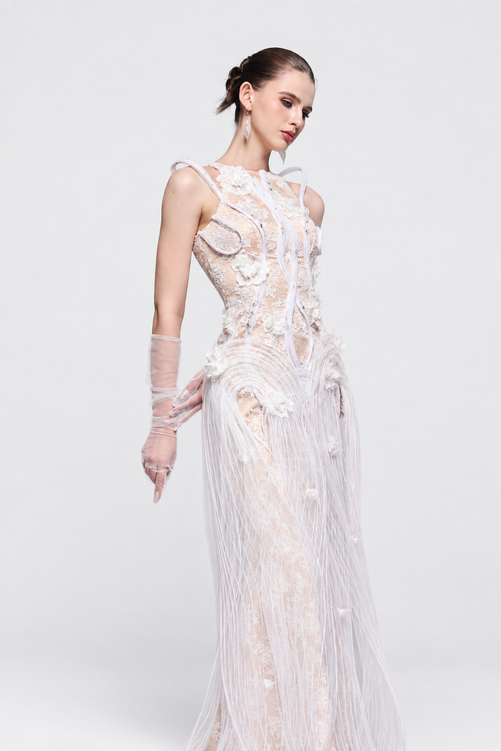 Esther Couture Lace Round-Neck 3D Pleated Plissé Maxi Dress