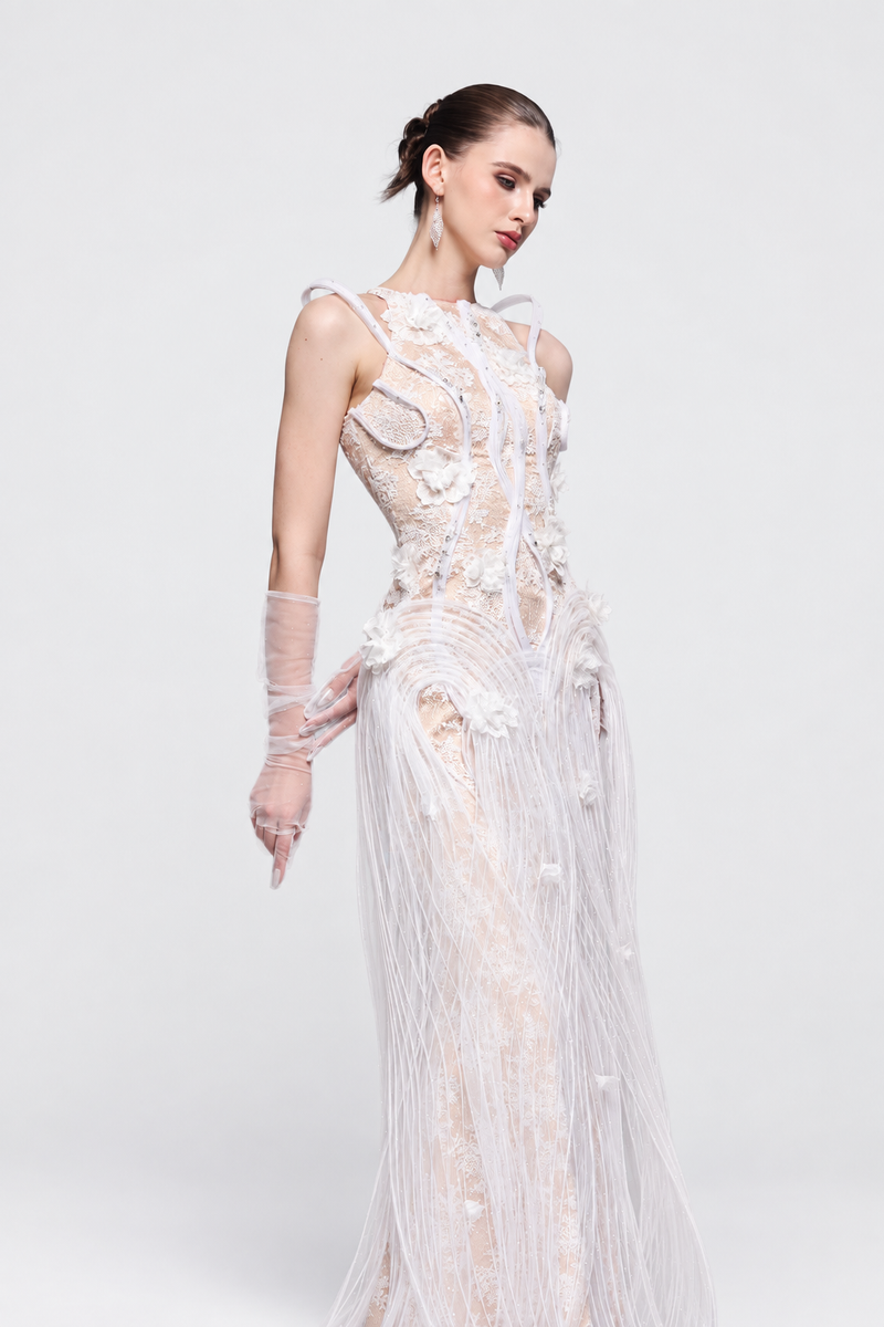 Esther Couture Lace Round-Neck 3D Pleated Plissé Maxi Dress