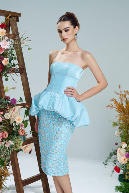 Sky Blue Strapless Peplum Sequin Midi Dress