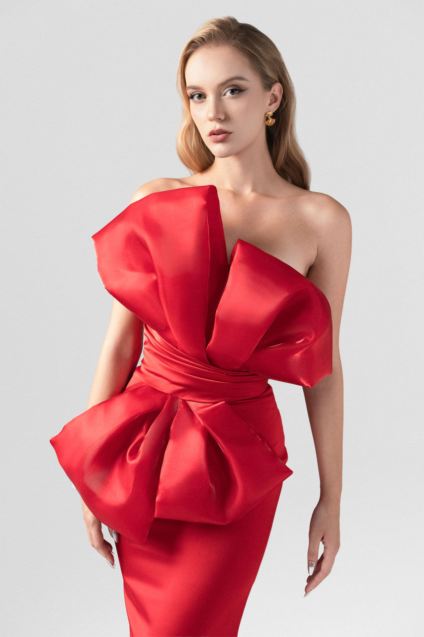 Red Silk Fishtail Gown with Oversized Organza Bow