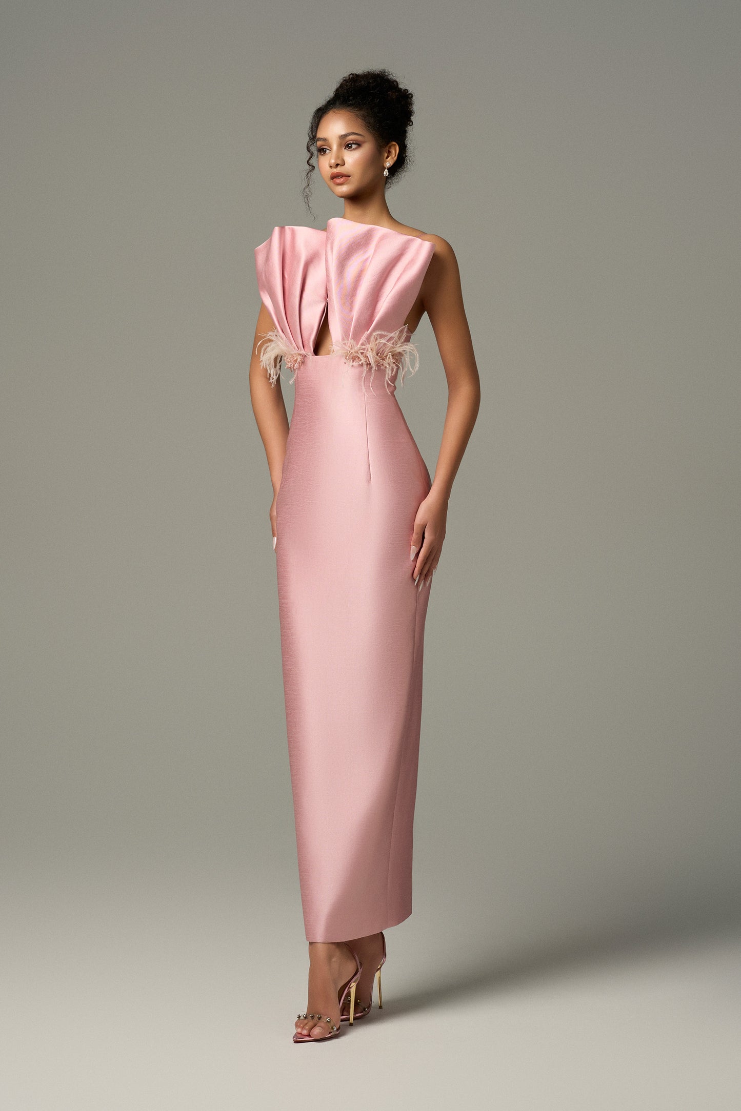 Pink Feather & Crystal Embellished Maxi Dress With Draped Bust Cup