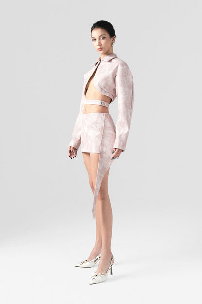 Blush Pink Leather Crop Blazer and Mini Skirt Set