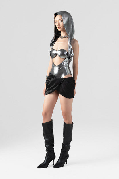 Metallic Silver Bodysuit with Black Mini Skirt