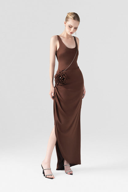 Brown Rose Embellished Side Split Maxi Dress